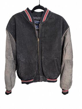 Vintage Varsity Suede Bomber Jacket Black Gray L Distressed Elbow Patches